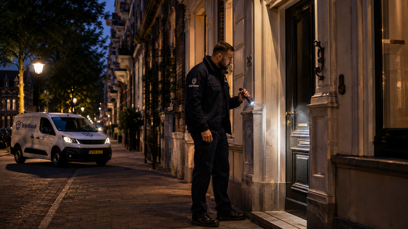 WijkWatch agent controleert voordeur bij nacht